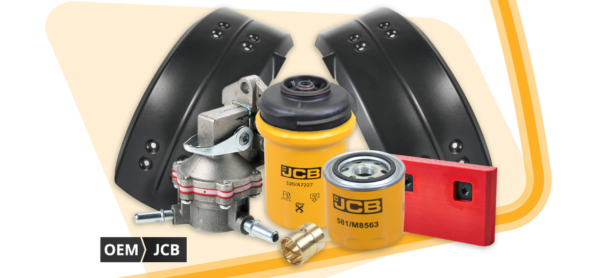 Une sélection de pièces d'origine JCB pour chariots télescopiques est exposée, comprenant notamment des filtres, des pièces pour chargeurs et des composants de direction, illustrant ainsi l'étendue de la gamme de pièces d'origine JCB pour chariots télescopiques disponible chez Sparex.